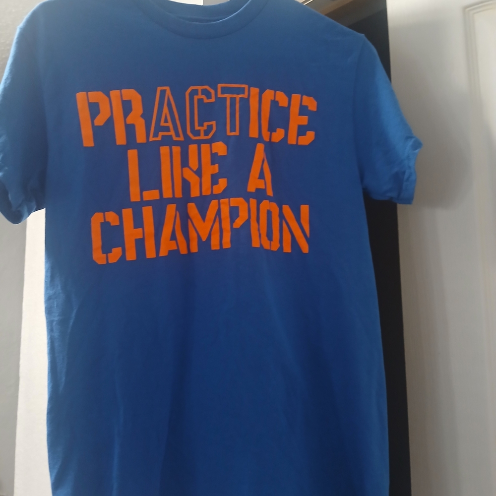 Blue T-Shirt with Orange Text